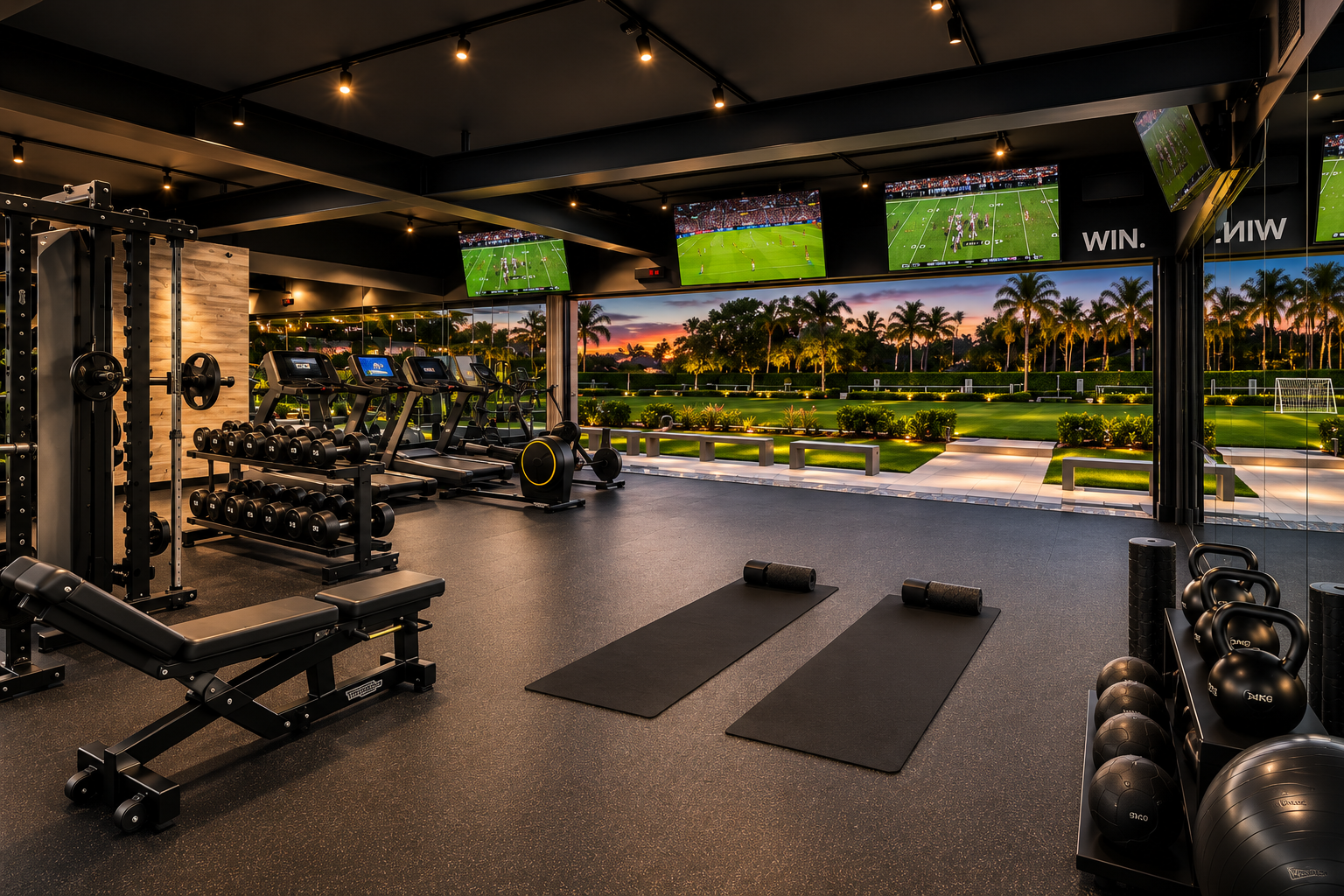 Cardio machines line the opening to the field, while free weights, a squat rack, kettlebells, benches, and floor mats fill the remaining workout zones.