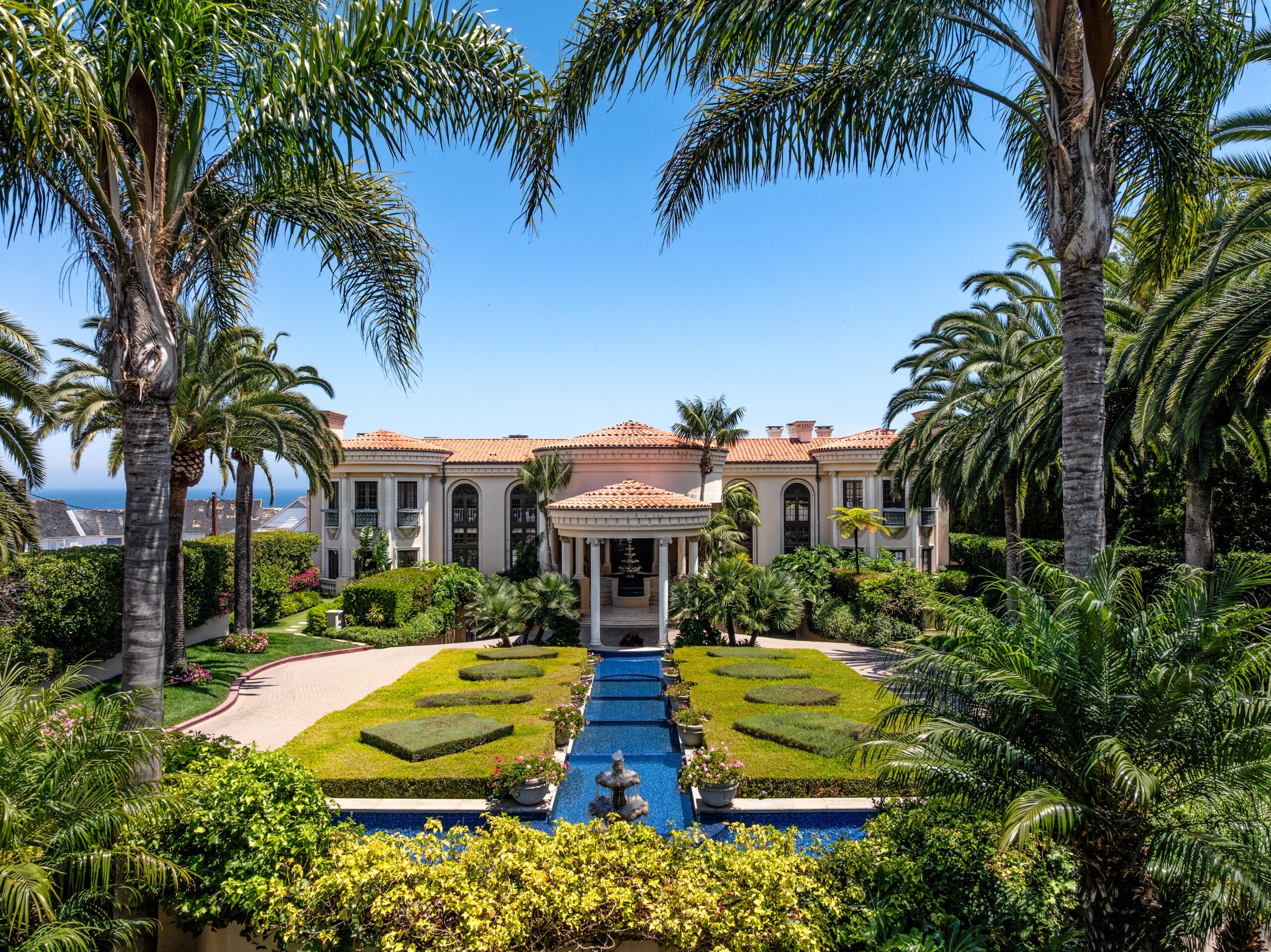 Front exrerior of cliffside Malibu mansion.