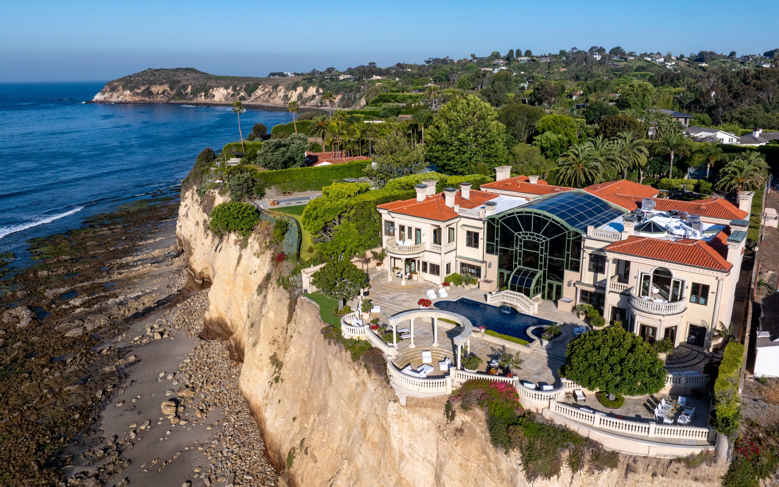 Aerial view of cliffside Malibu mansion.