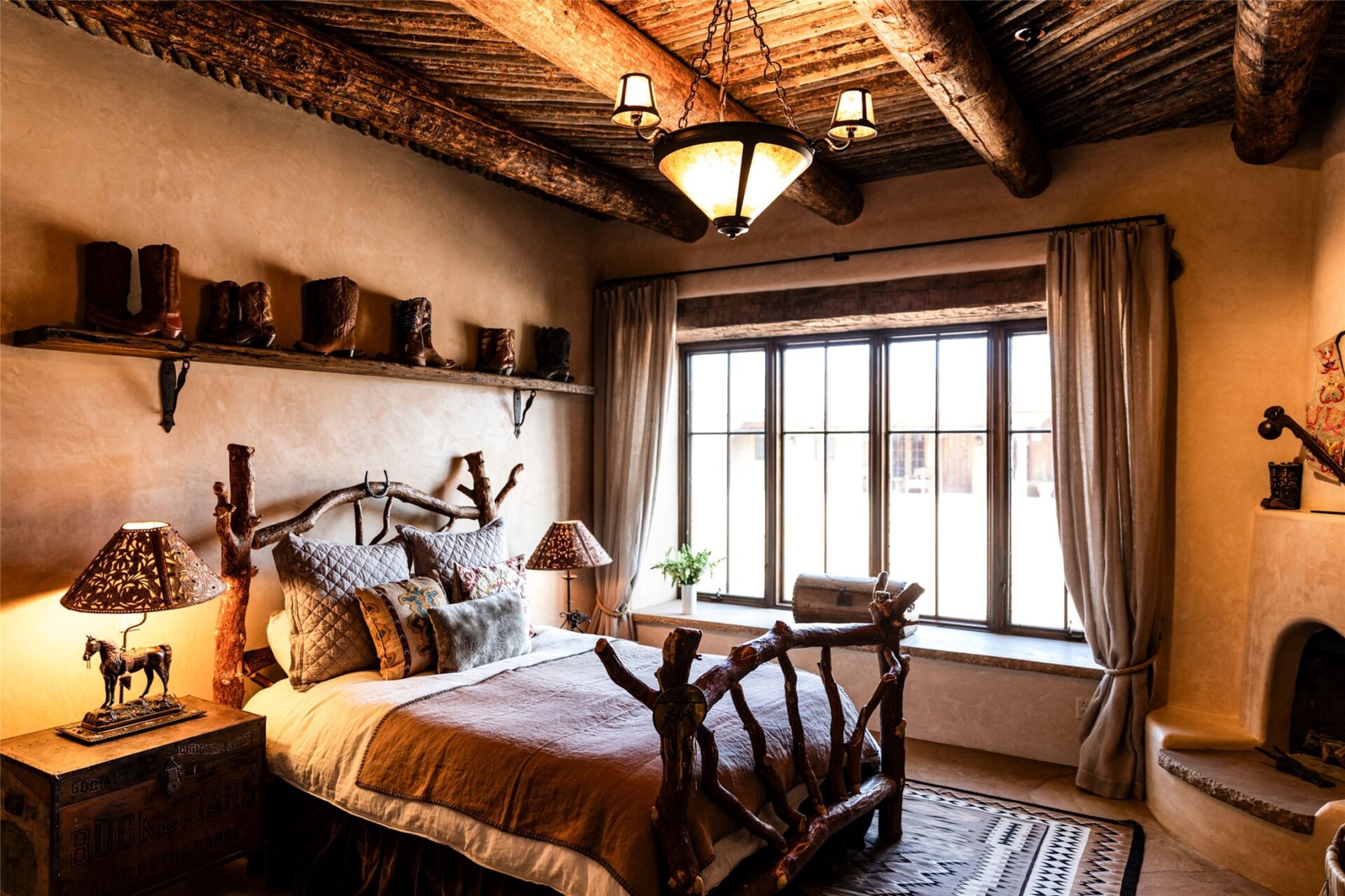 A wide window sits on the wall opposite the bed, framed by simple drapery and a deep sill, while a corner fireplace is tucked into the plaster wall.