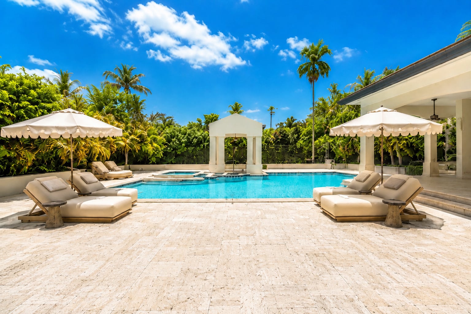 Just beyond the patio, the resort-style swimming pool and raised spa are surrounded by broad stone decking lined with chaise lounges and oversized umbrellas.
