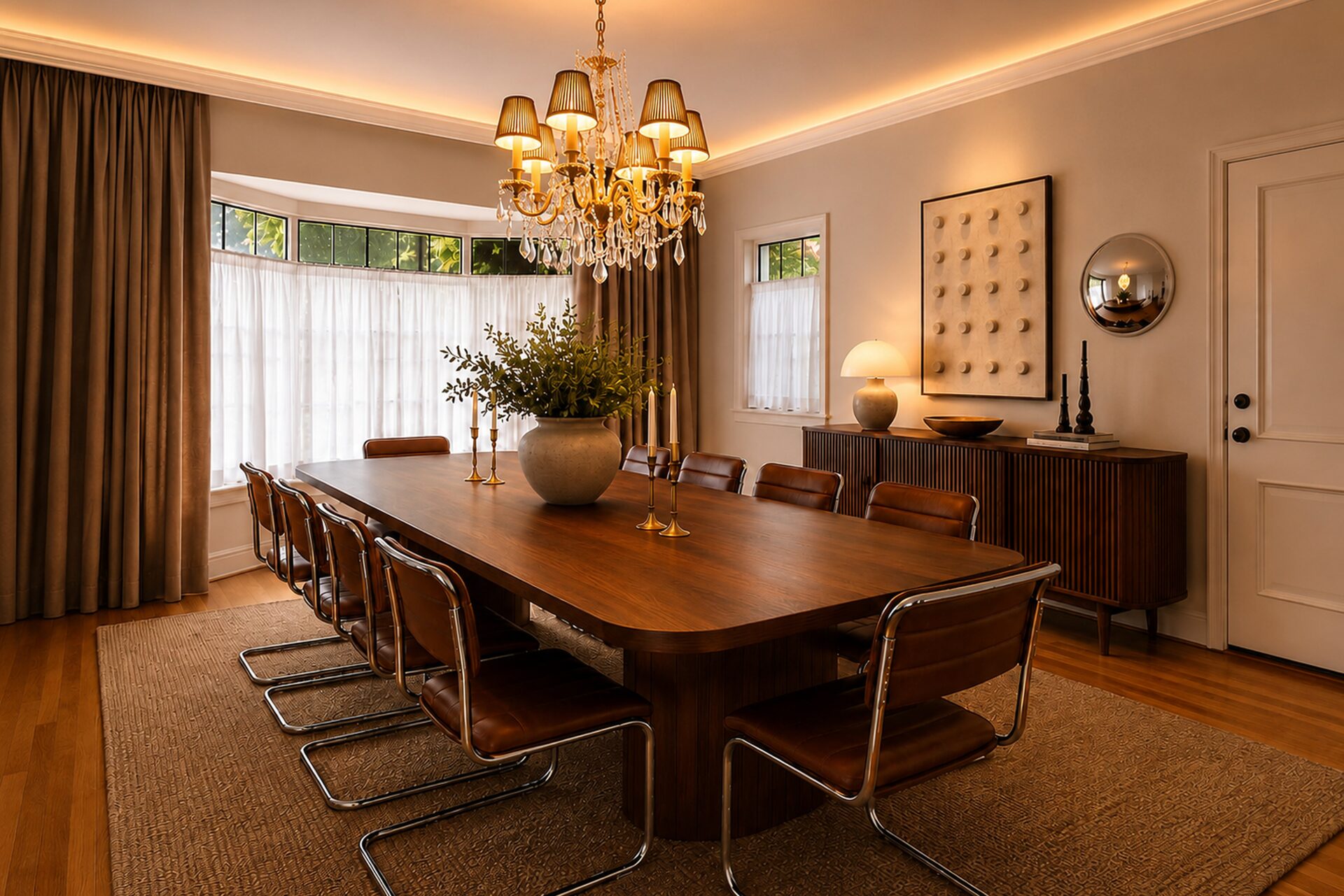 A long wood dining table sits beneath a crystal chandelier, while a wide bay window wrapped in full-height drapery provides an elegant backdrop. 
