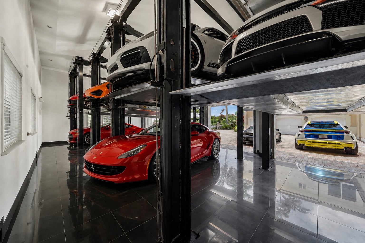 Climate-controlled 15-car garage with vehicle lifts.