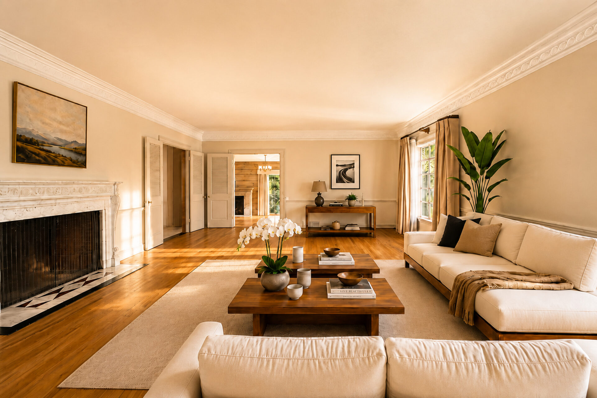 Wide cased openings naturally lead into the surrounding rooms, making the living room feel like the central hub.