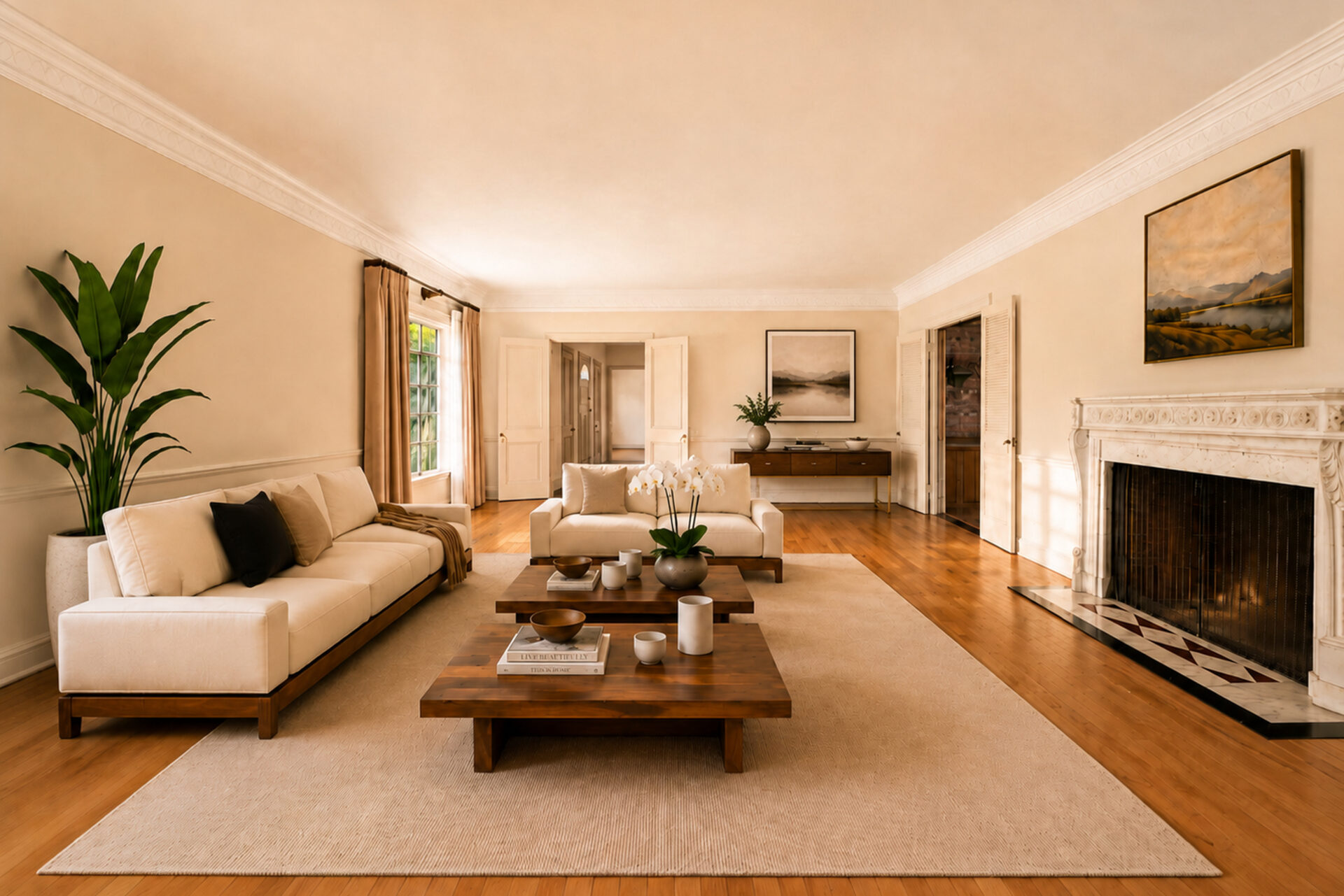 Conversation areas gather around a marble fireplace and tall windows draw warm natural light across the hardwood floors.