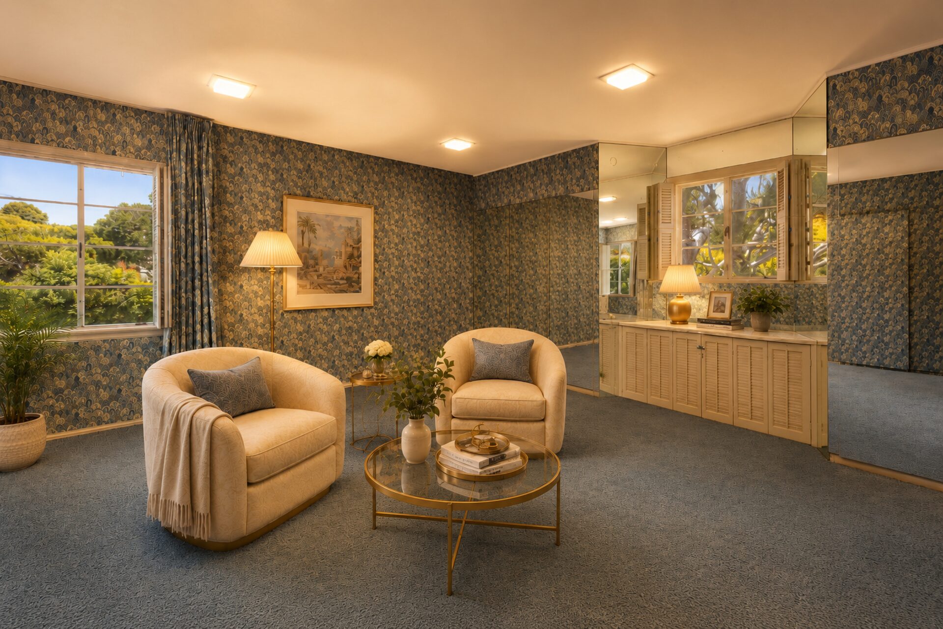 The suite opens into an oversized dressing room lined with mirrored walls, built-in cabinetry, and extensive closet storage. 