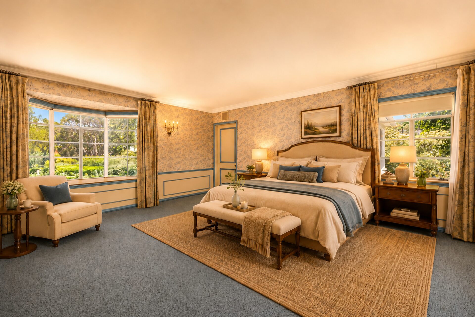 A spacious bedroom wrapped in soft blue floral wallcoverings and traditional millwork. 
