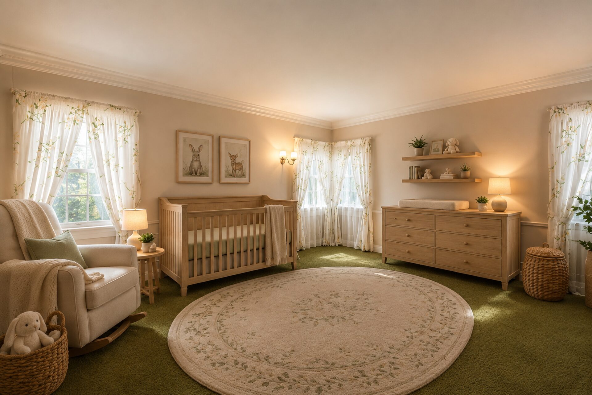 Windows on three sides bring in soft natural light throughout the day, while the space is filled with soft greens and tans to create a garden look.
