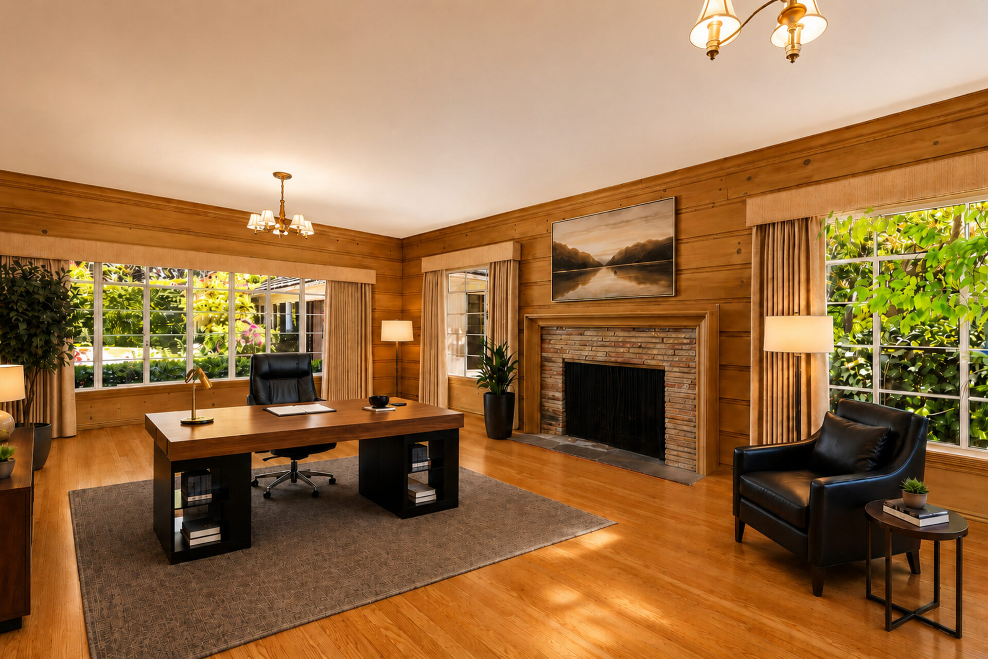 The home office features wood-paneled walls, hardwood floors, and a brick fireplace that give the room a warm, traditional feel.