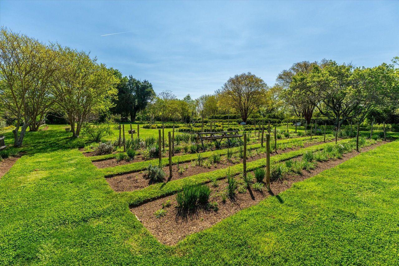 Broad open lawns lined with neatly arranged garden plots.