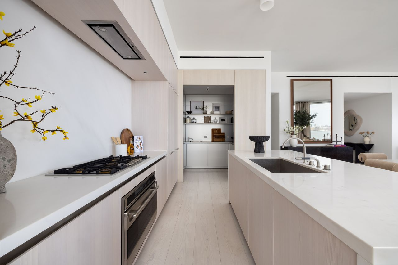 Fully integrated appliances from Sub-Zero, Wolf, Gaggenau, and Miele are concealed within the minimalist cabinetry, maintaining the clean aesthetic. 