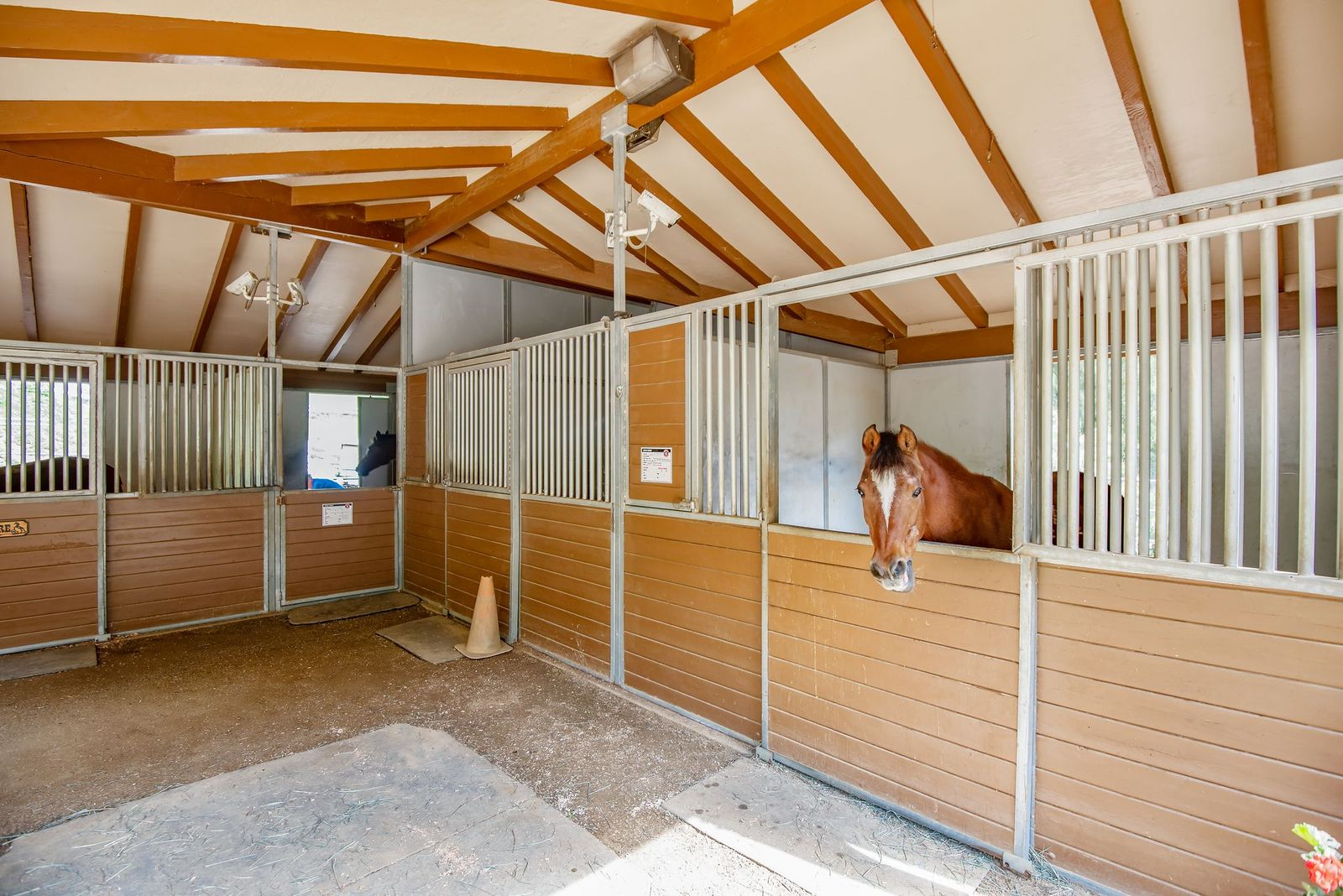 A dedicated lower-level equestrian center complete with a four-stall barn, tack room, feed room, and corral area.