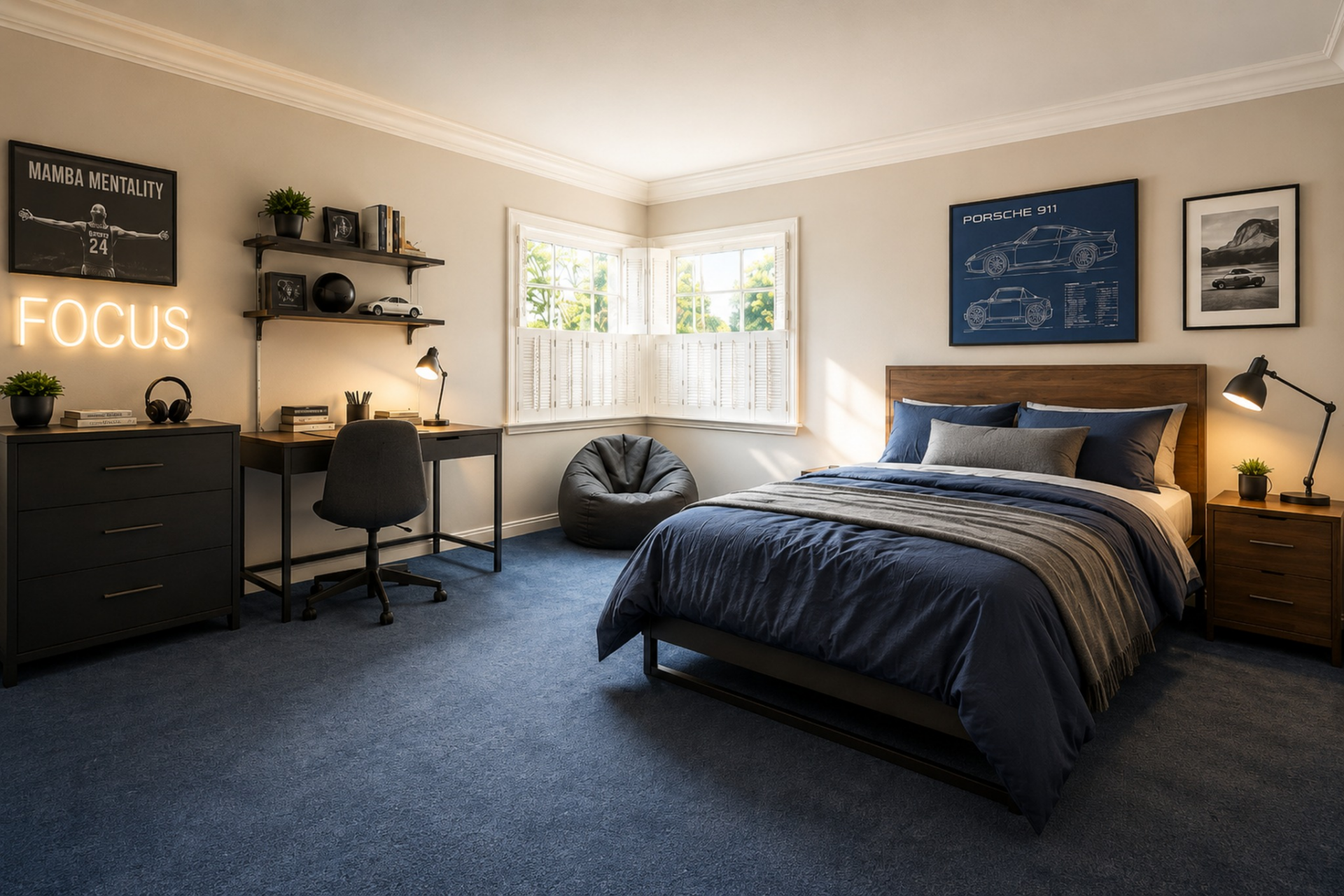 A corner bay of windows wraps the room in natural light, while deep blue carpeting and simple crown molding create a relaxed bedroom.