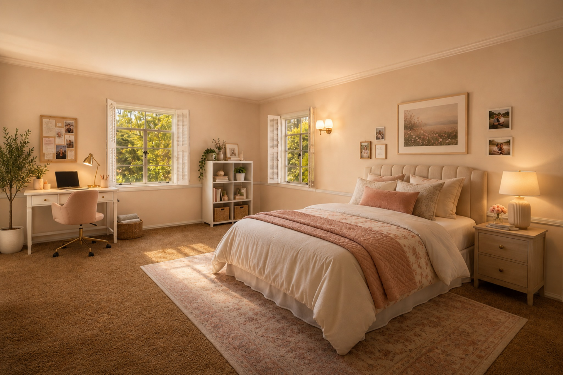 A writing desk sits next to one window, while the opposite wall is devoted entirely to the sleeping area with a plush white and pink bed and family photos hung over the headboard.