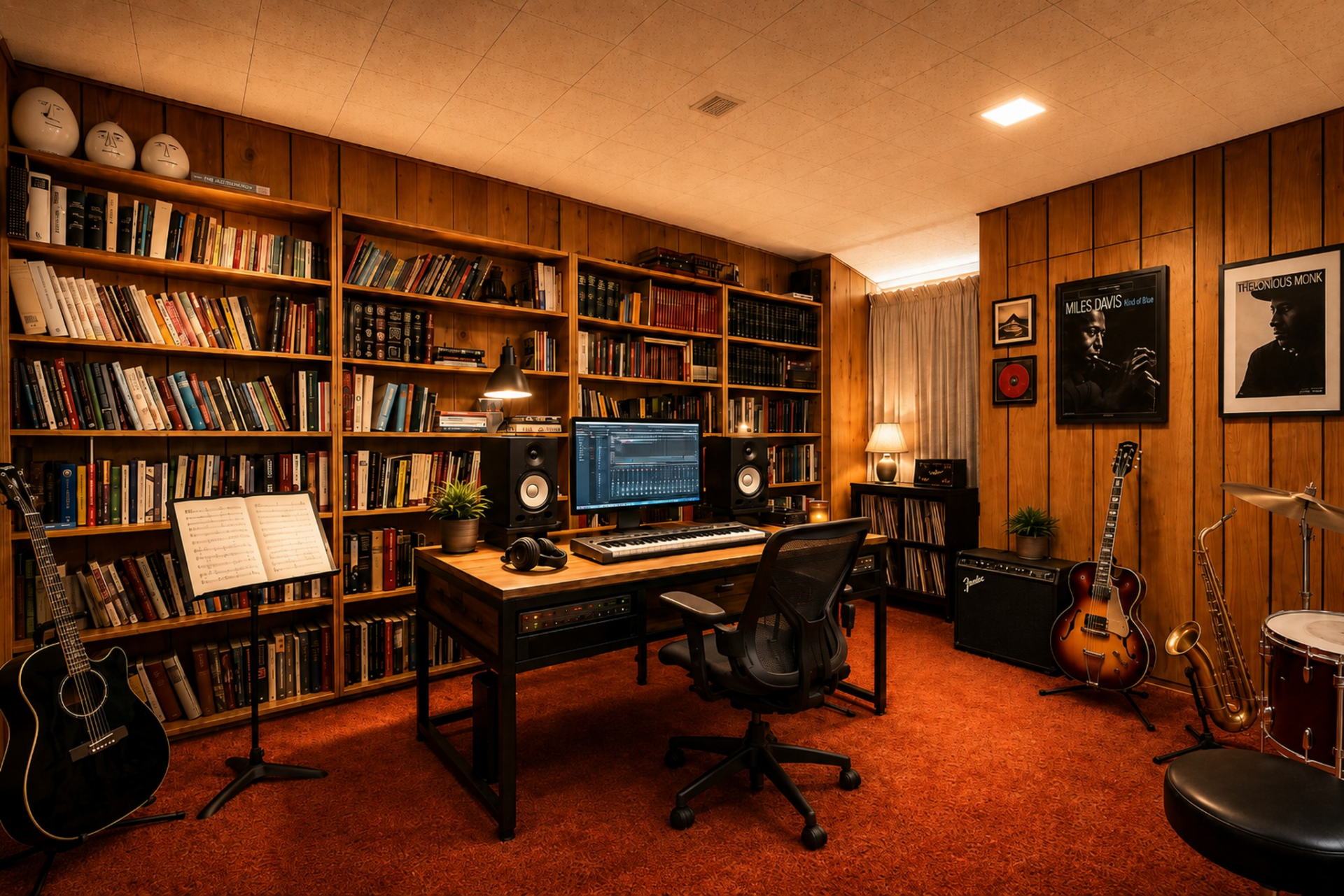 Wood-paneled walls and floor-to-ceiling built-in bookshelves create a private library and recording studio within the music room. 