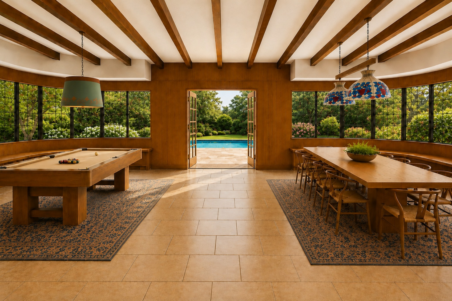 A pool table and long dining table create space for both recreation and larger get-togethers along curved walls of windows.