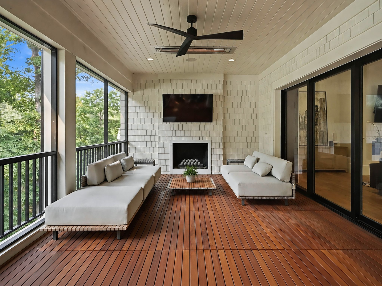 Overhead fans, recessed heaters, and integrated speakers are worked into the structure, while a gas fireplace and television complete the far wall for year-round use.