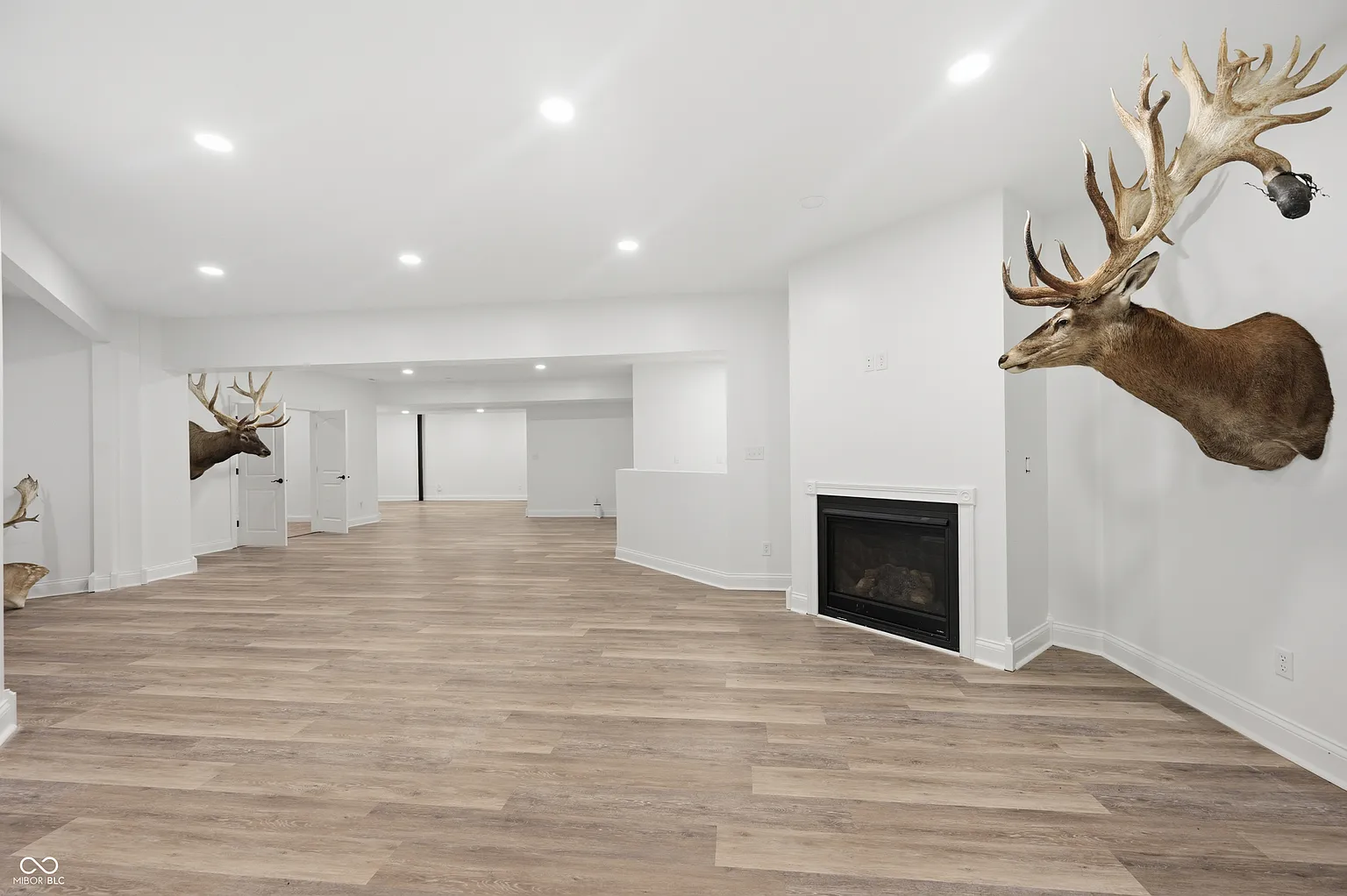 A fireplace is built into one section of the room, while the wide layout continues through several connected rooms.