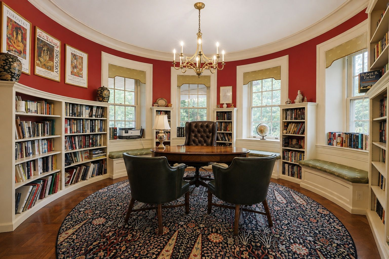 The second office doubles as a library, with red walls, built-in bookcases, and window seats following the curve of the room. 