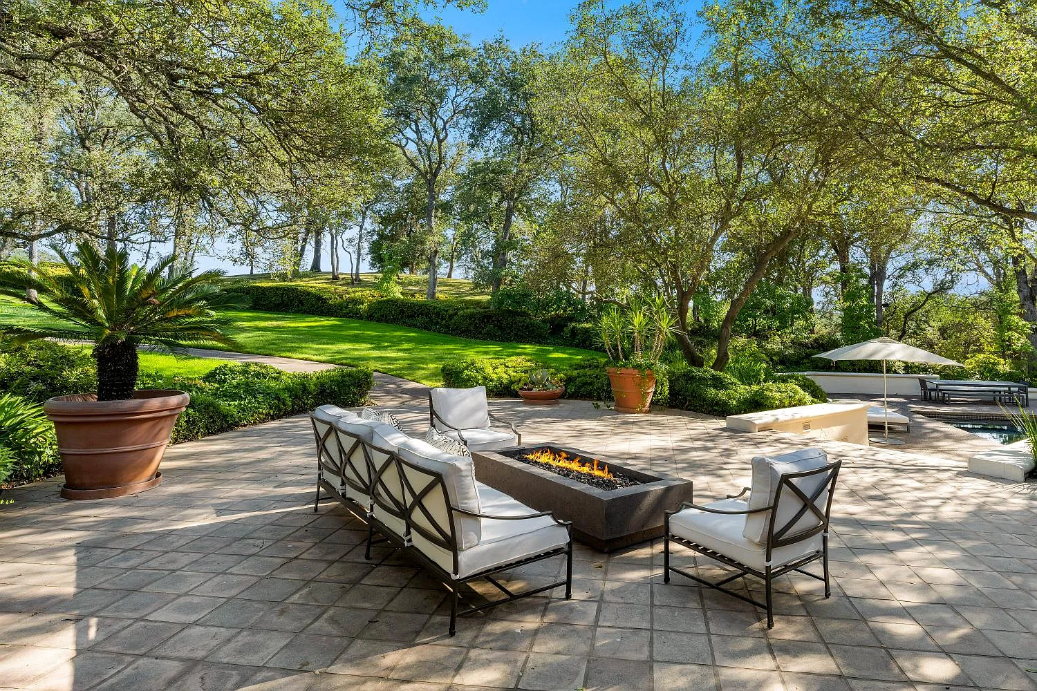A large rectangular firepit is surrounded by cushioned lounge seating, creating a gathering area beneath the canopy of trees.