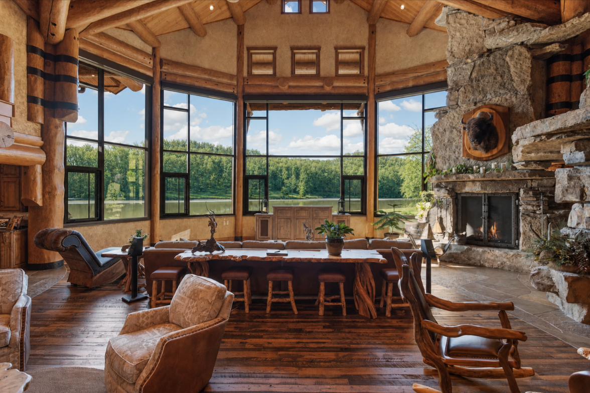 Along one side, towering walls of glass stretch nearly to the roofline, pulling in views across the lake and surrounding woods.