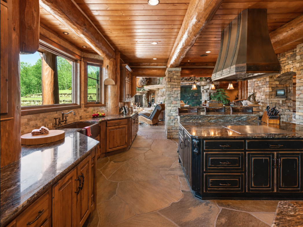 The kitchen begins with a long run of dark stone counters beneath windows overlooking the grounds, while a large central island runs parallel through the room and keeps the main prep area open toward the great room.