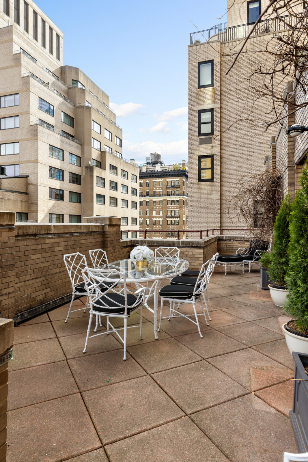 Dining table on terrace with views of New York City buildings.