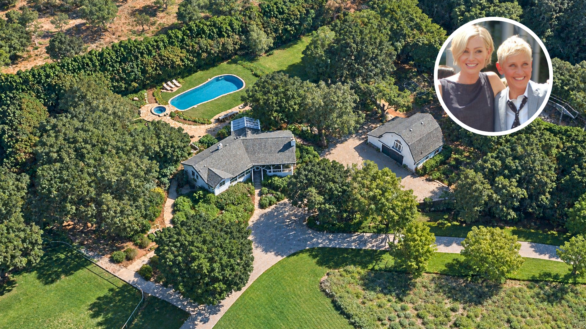 Aerial view of Ellen DeGeneres and Portia de Rossi's Former Santa Barbara Farmhouse.