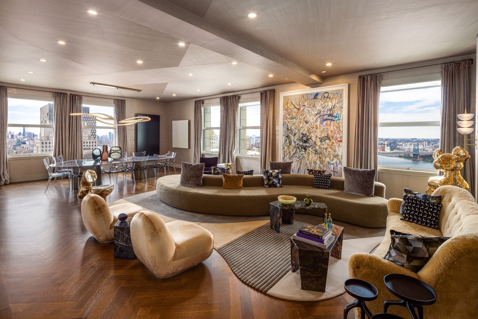 A corner great room stretching more than 35 feet across and lined with five oversized windows.