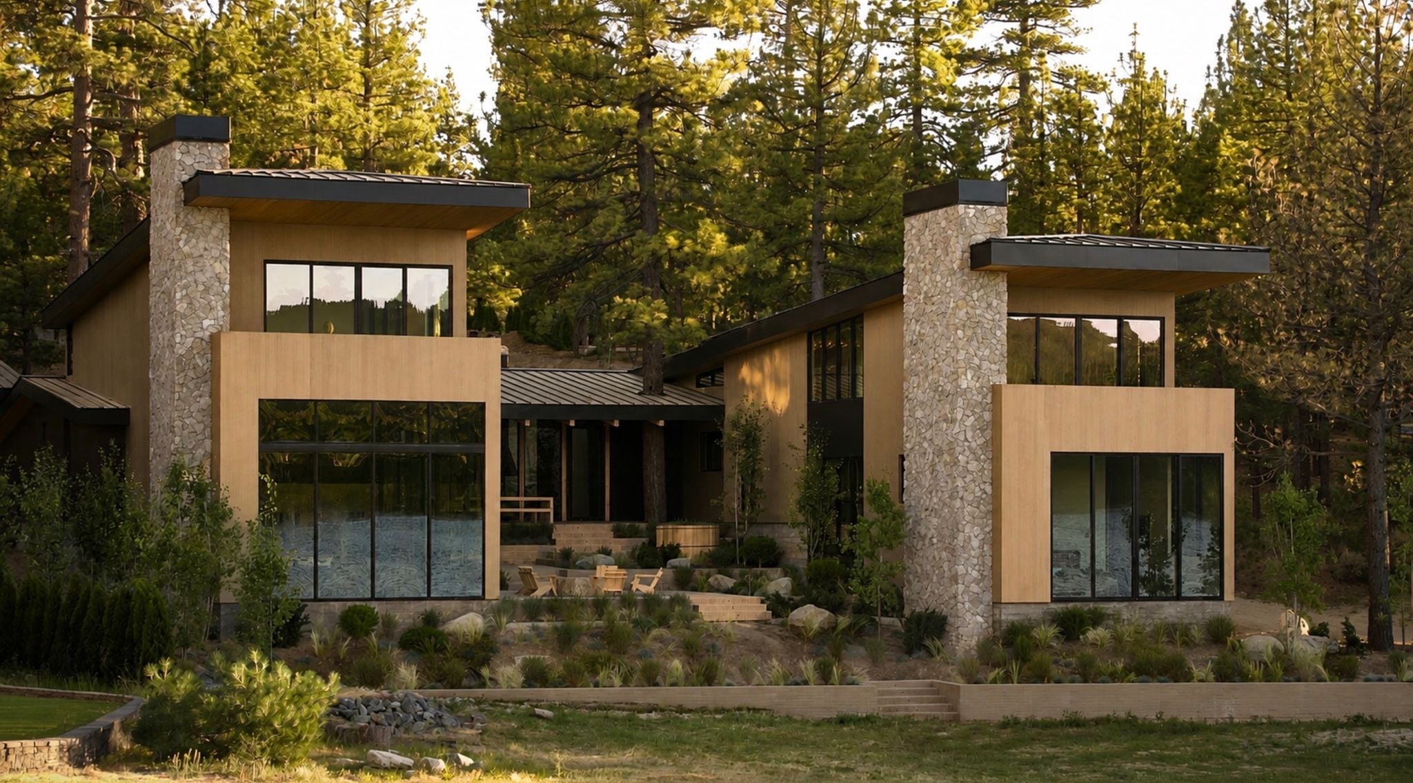 Back exterior of Lindsey Gort and Beau Laughlin's Big Bear Lake Estate.