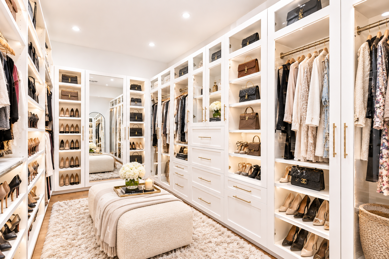 Closet with the primary suite opens beneath a high vaulted ceiling, with the bed set along one side of the room and a fireplace built into the opposite wall. 