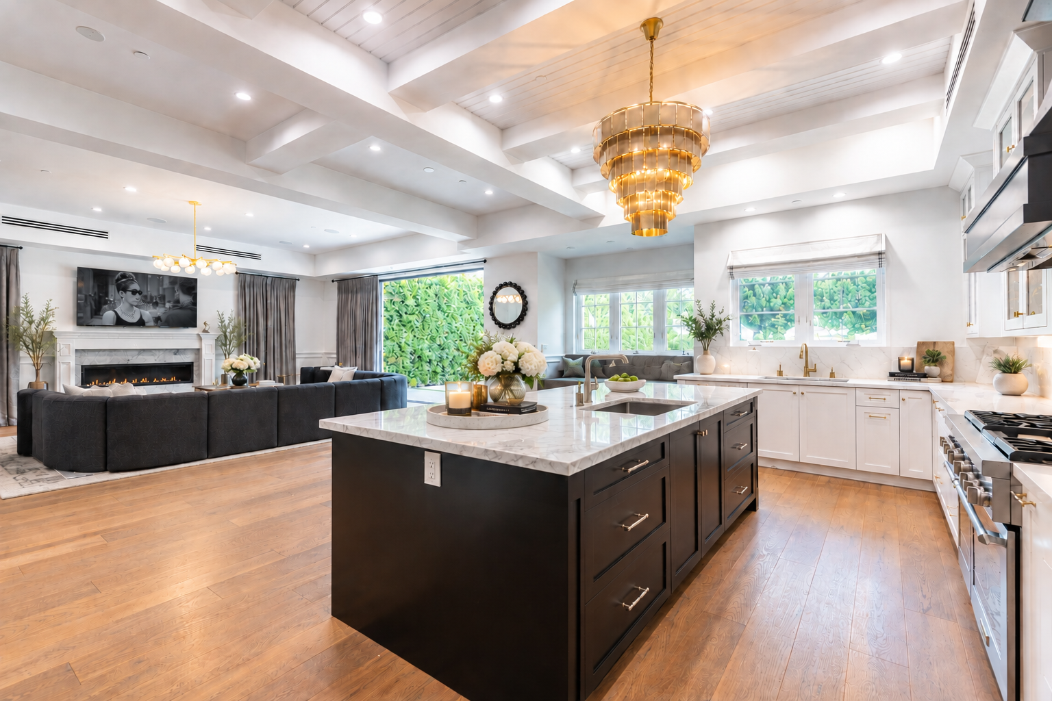 The kitchen opens into a bright workspace built around a large dark island topped with stone.