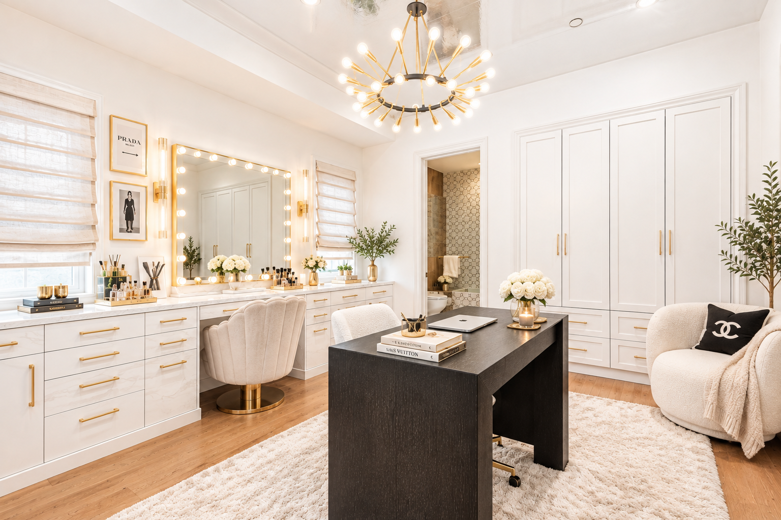 The glam room features a long marble-topped vanity beneath an illuminated mirror, built-in cabinetry, and a central desk.