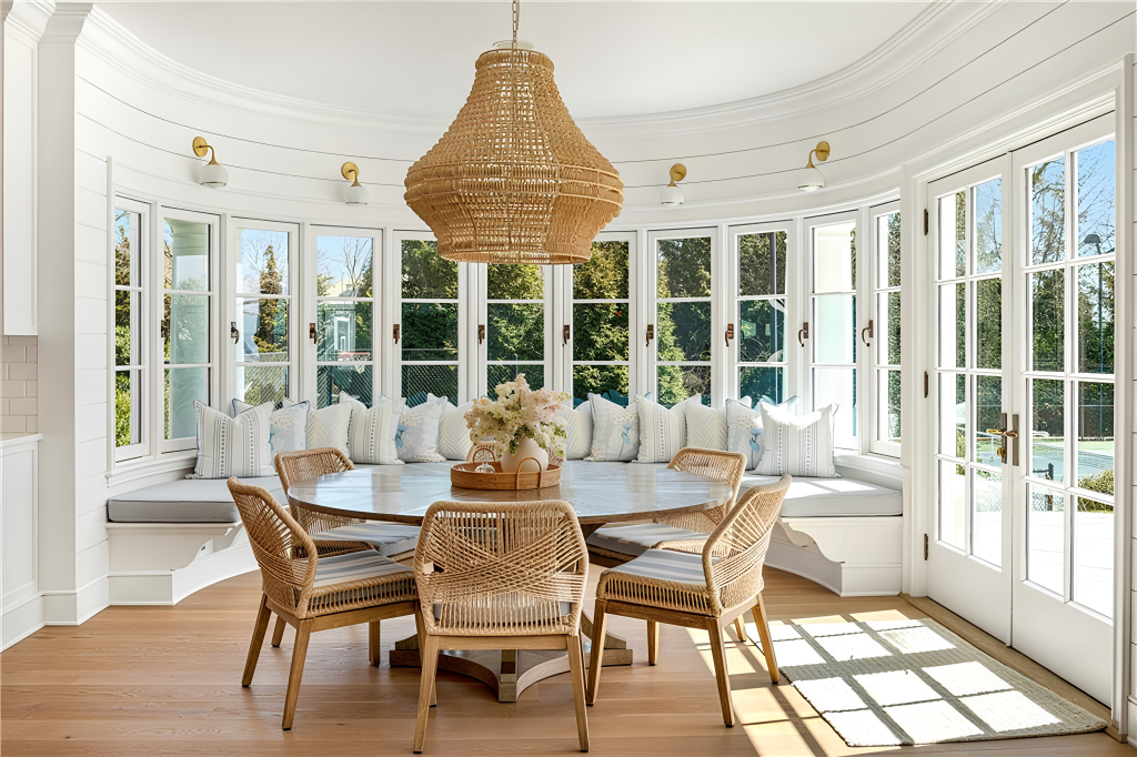 The kitchen is a breakfast nook, where a custom banquette is built to follow the curve of the windows above it. 