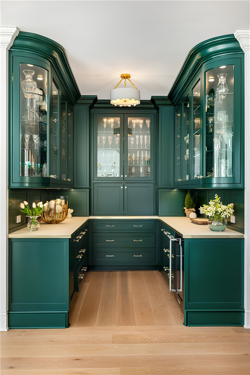 A separate butler’s pantry painted in a deep green with glass-fronted upper cabinets, additional counter space, and under-counter refrigeration.