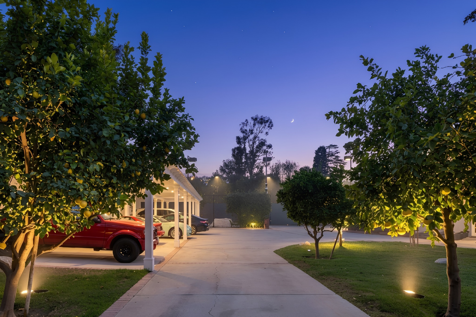 At the front of the property, covered parking accommodates seven vehicles.