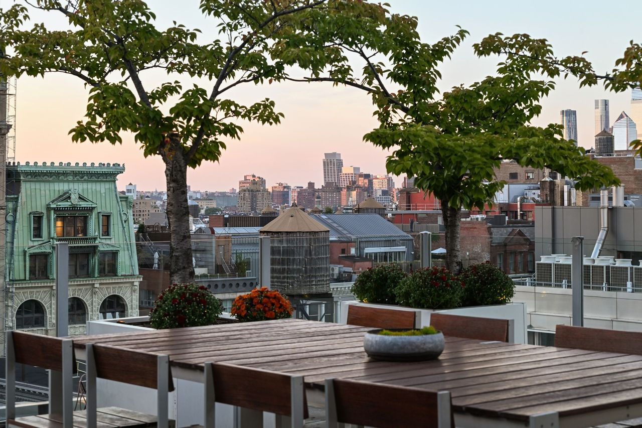 Outdoor dining with view of New York City.