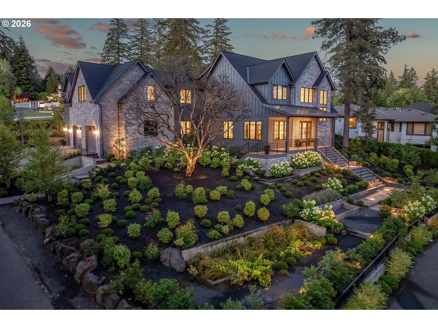 Front exterior of Tiago Splitter's Lake Oswego home at dusk.