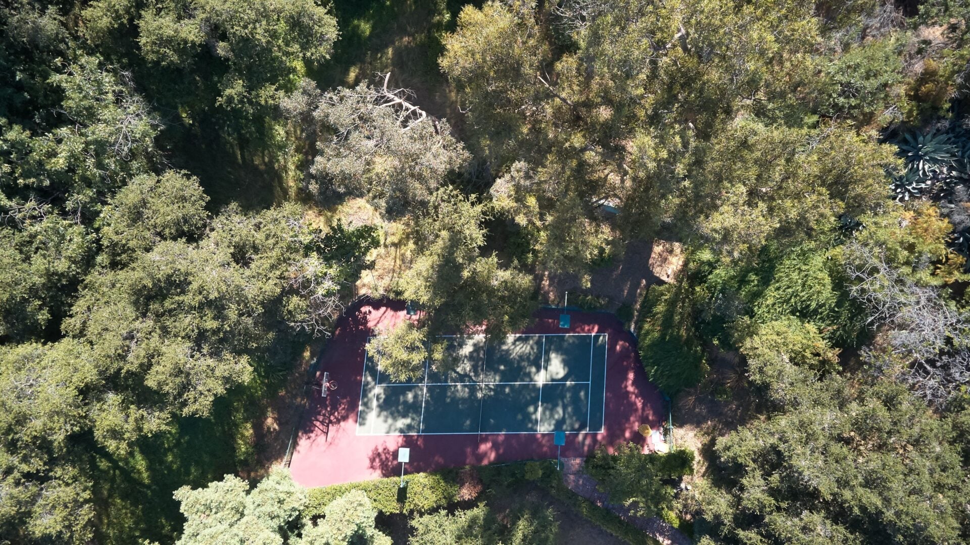 Tucked farther into the trees, a pickleball and sports court.