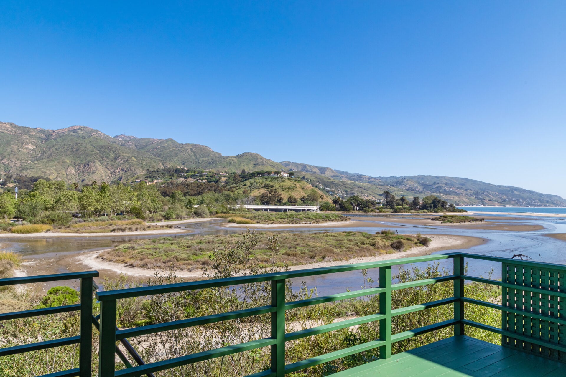 View of Malibu Lagoon trail from green patio.