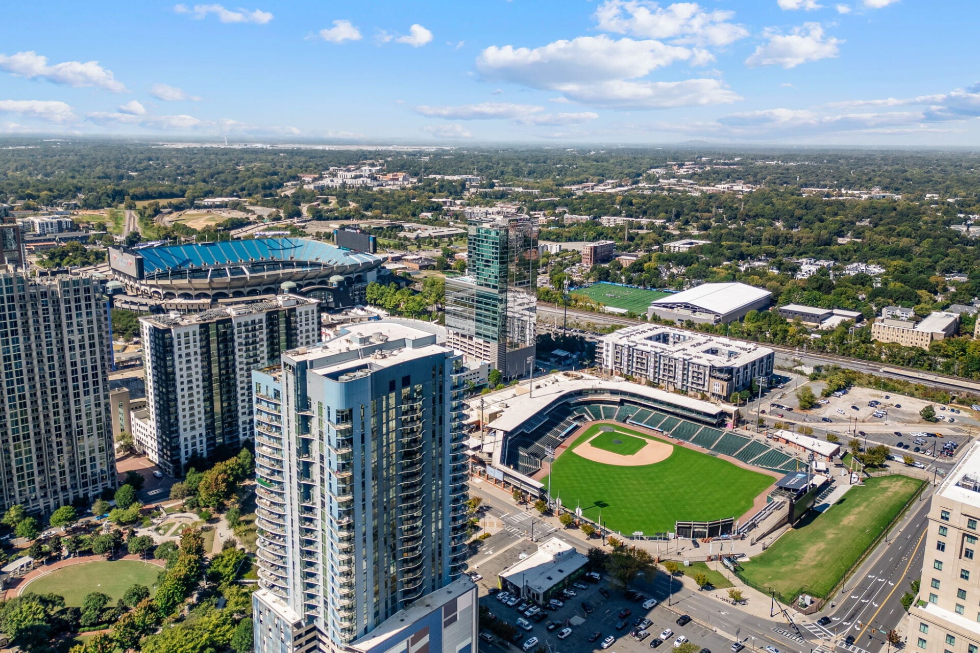Aerial view of Charlotte sports stadiums.