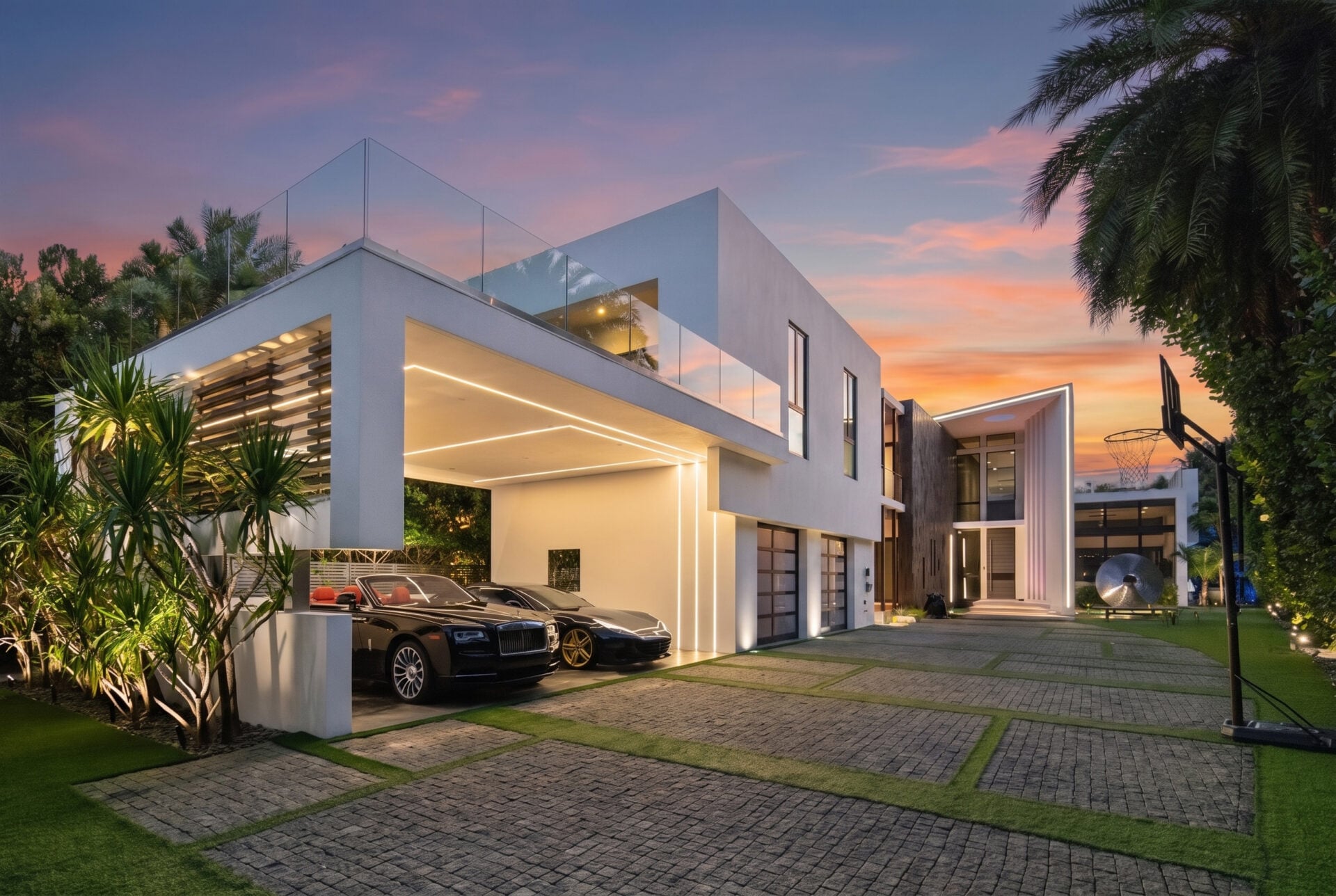 On one side of the paved driveway, a covered parking bay and connected garage doors create space for multiple vehicles.