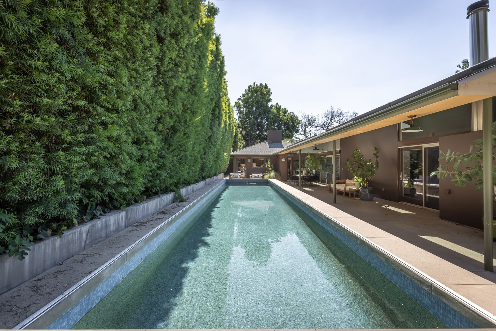A long lap pool running parallel to the house and a covered terrace alongside it.