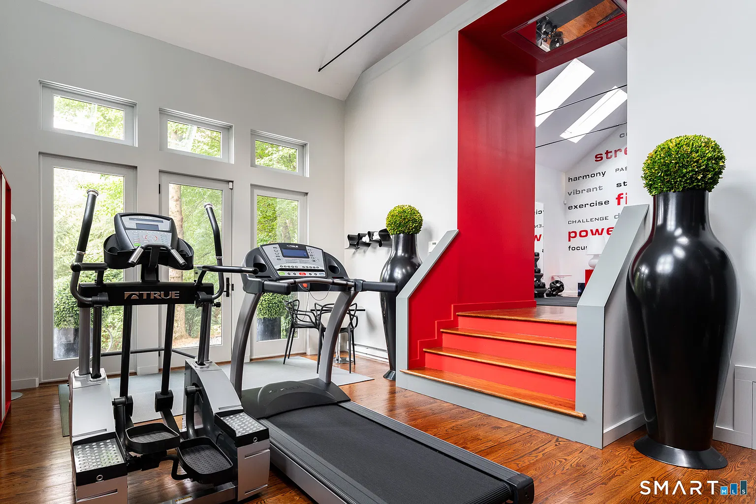 Cardio equipment is placed on the lower level near the entrance, while a short flight of bright red stairs leads up into the main training space.
