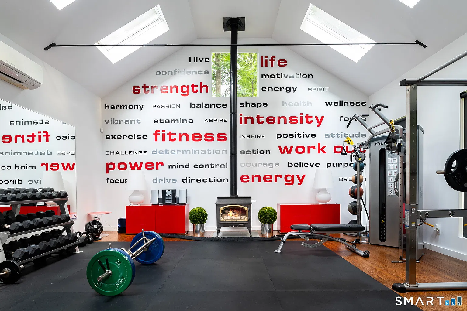 A vaulted ceiling with skylights creates a sunlit strength-training area with free weights, benches, and cable machines.