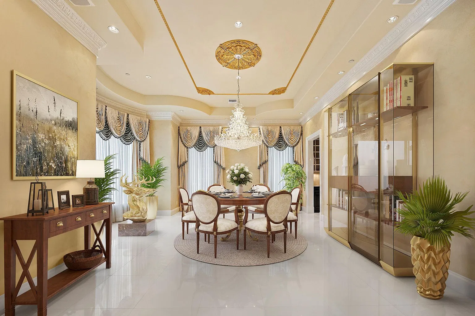 The formal dining room has a round dining table placed in the center of the room beneath a low-hanging crystal chandelier.