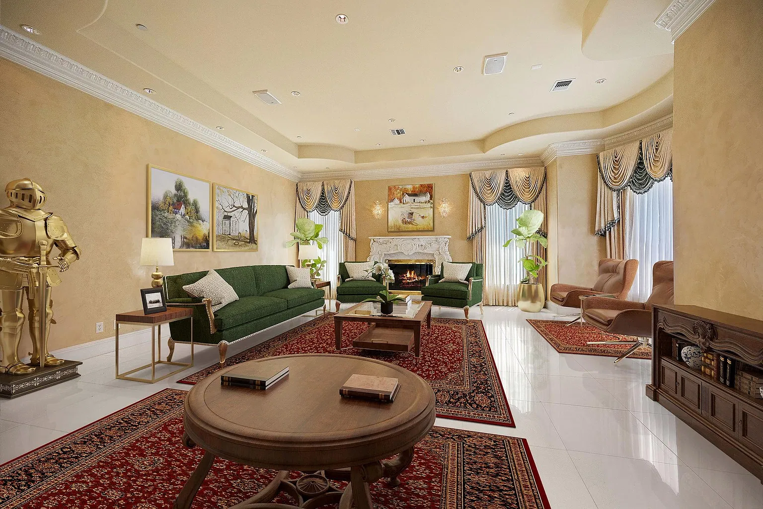 A carved fireplace at the far end creates the foundation for a mix of green sofas, leather chairs, and smaller tables that are placed across deep red rugs.