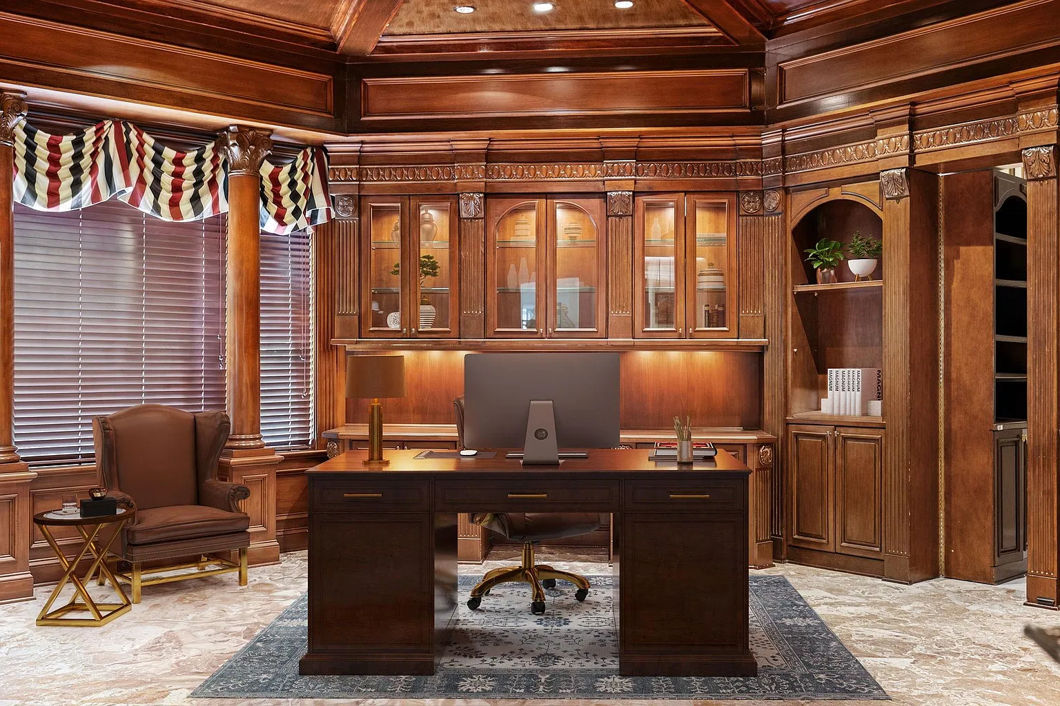 A paneled office has built-in cabinetry wrapping the walls around a central desk.