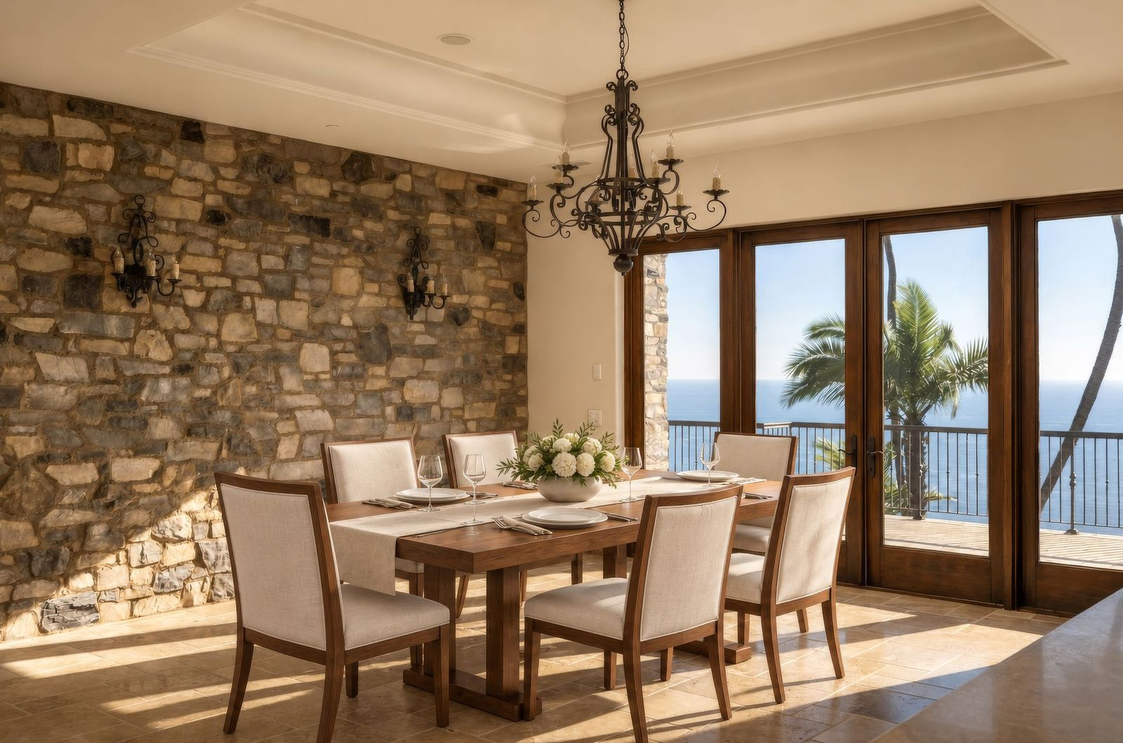 The dining area sits against a full stone wall beneath a large wrought-iron chandelier. 