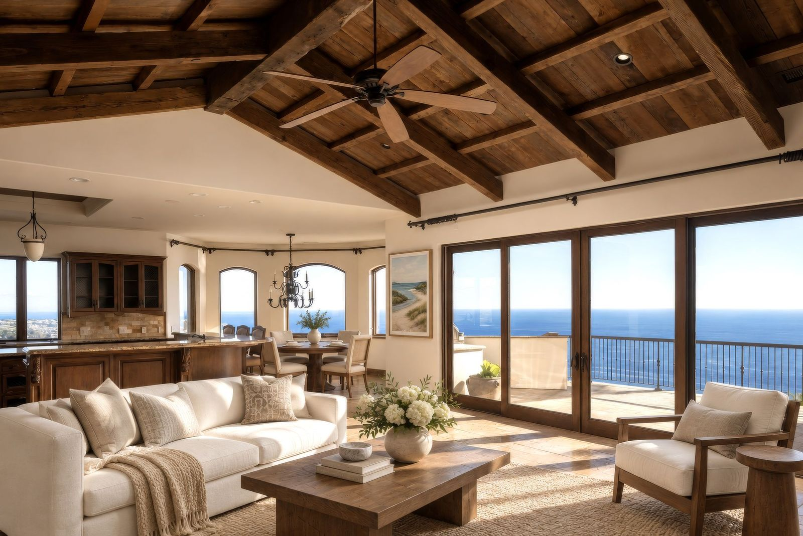 The family room opens just before the kitchen beneath a vaulted wood-beamed ceiling. 